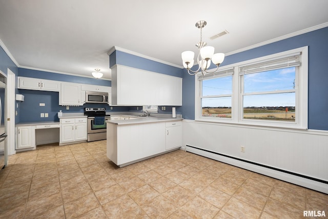 kitchen featuring a baseboard radiator, white cabinetry, pendant lighting, and appliances with stainless steel finishes