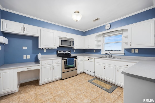 kitchen with white cabinetry, sink, appliances with stainless steel finishes, and ornamental molding