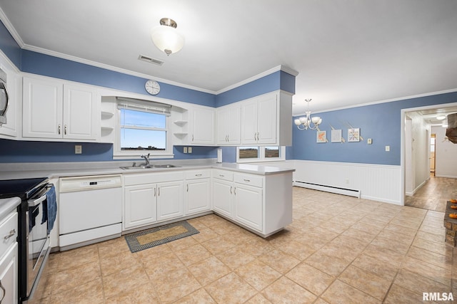 kitchen with white cabinets, stainless steel range with electric stovetop, white dishwasher, and a baseboard radiator