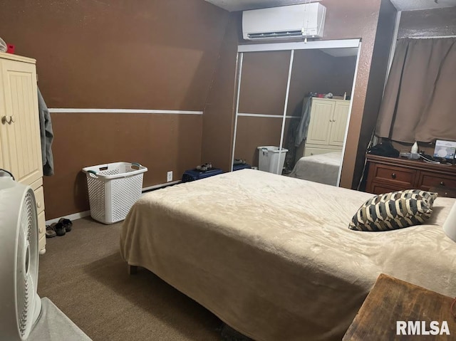 carpeted bedroom featuring a wall mounted AC