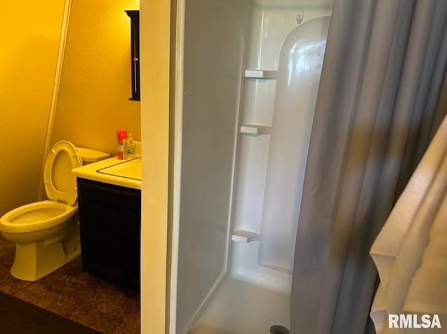 bathroom featuring vanity, a shower with curtain, and toilet