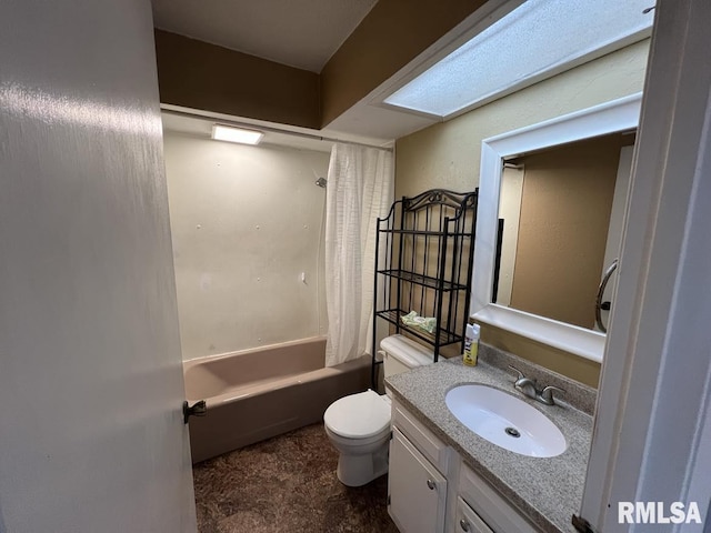 bathroom featuring toilet, shower / tub combo, a skylight, and vanity