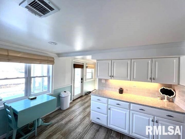 kitchen with decorative backsplash, white cabinetry, light stone counters, and dark wood-type flooring