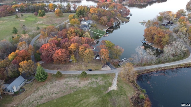 drone / aerial view with a water view