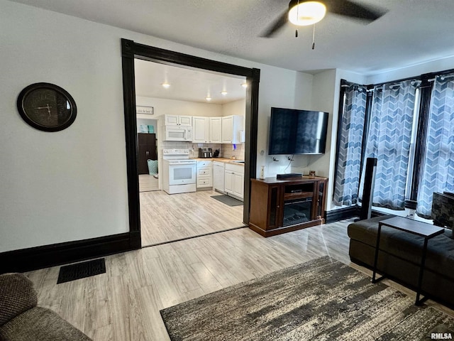 631 S Mcarthur St, Macomb, IL 61455 - living room featuring ceiling fan, light wood finished floors, and baseboards