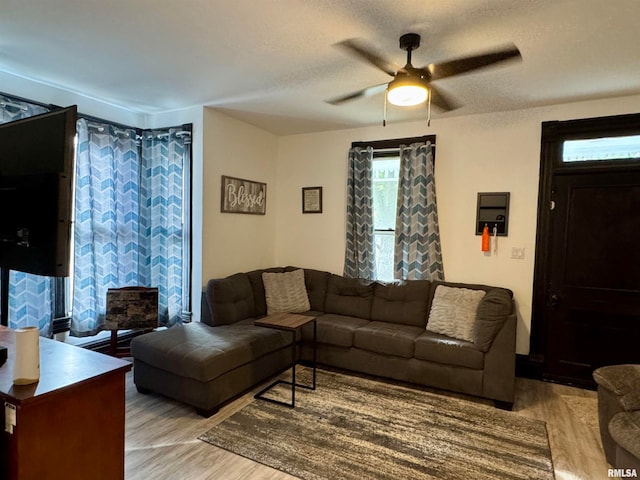 living room with light hardwood / wood-style flooring, a textured ceiling, and ceiling fan