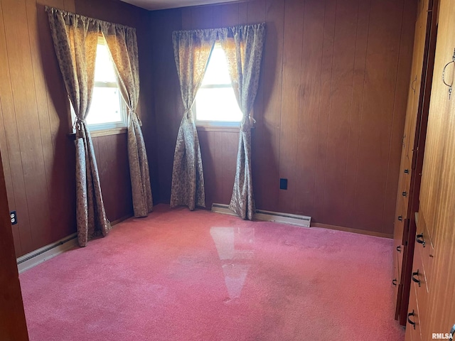 spare room with carpet flooring and wood walls