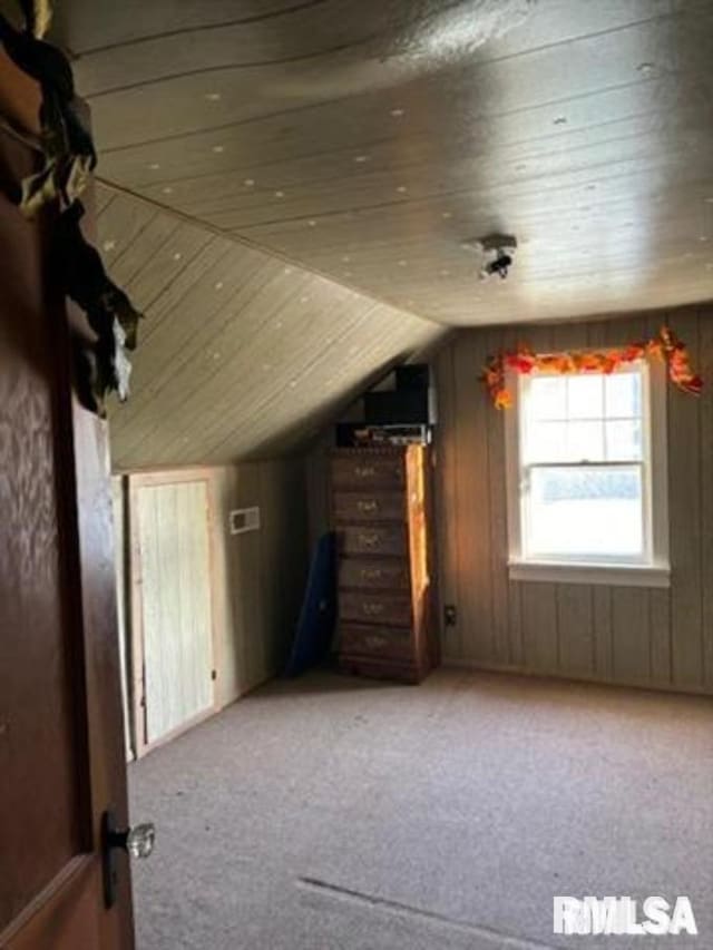 additional living space featuring light carpet, wooden walls, and vaulted ceiling