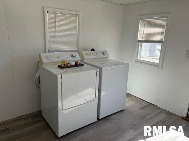 laundry room featuring washer and dryer and hardwood / wood-style floors