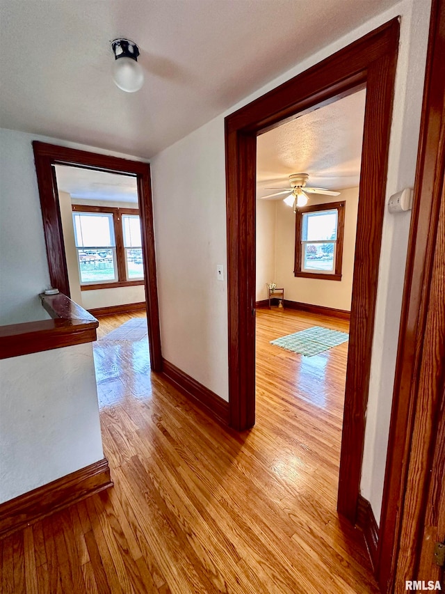 hallway with a textured ceiling and light wood-type flooring