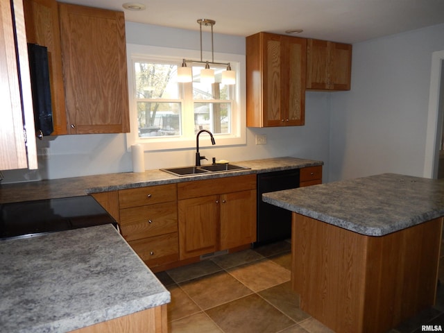 kitchen with black dishwasher, sink, tile patterned flooring, and decorative light fixtures