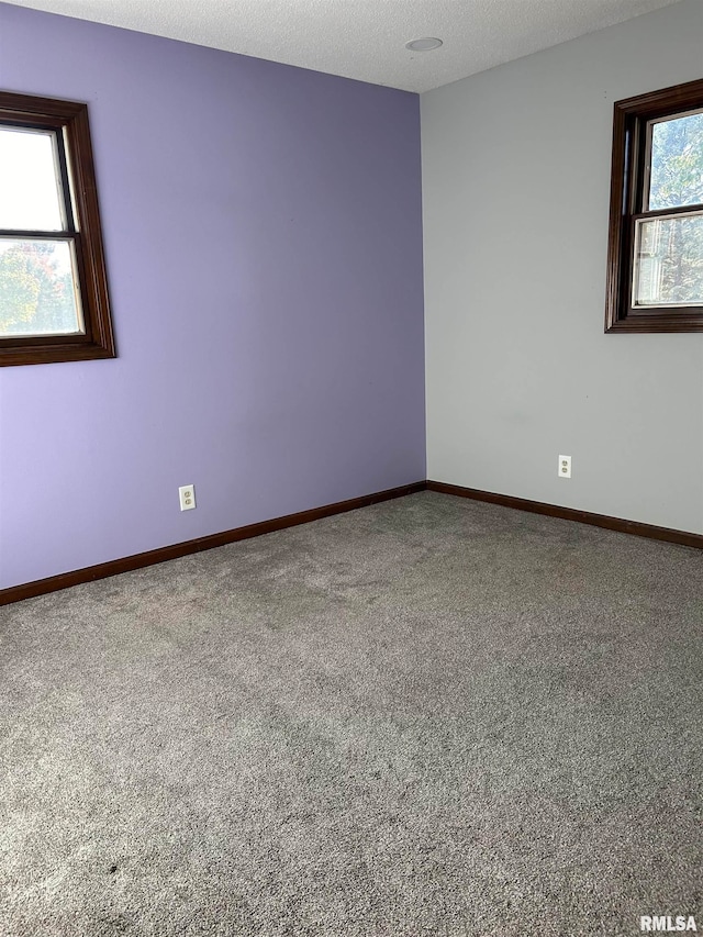 empty room with a textured ceiling and carpet floors