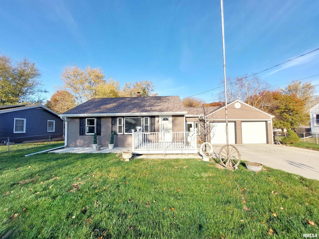 ranch-style house with a front yard, an outdoor structure, a garage, and covered porch