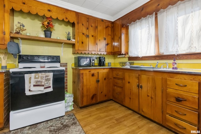 kitchen with electric stove, sink, tasteful backsplash, ornamental molding, and light wood-type flooring