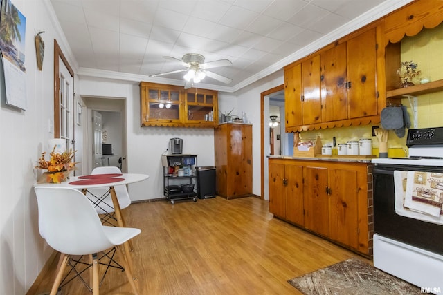 kitchen with decorative backsplash, ceiling fan, white range with electric cooktop, crown molding, and light hardwood / wood-style flooring