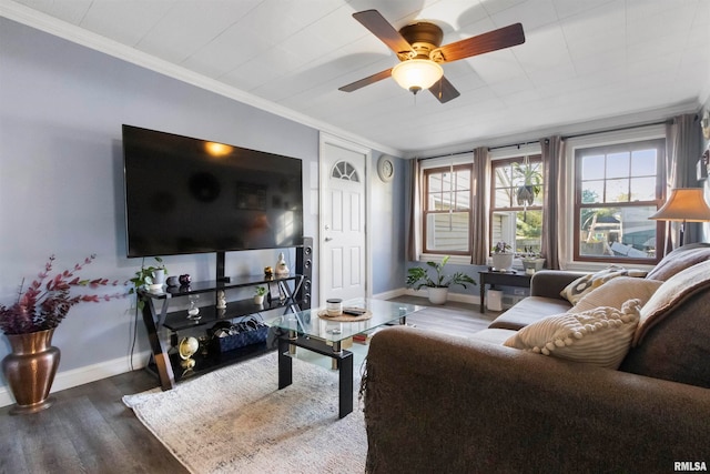 living room with crown molding, dark hardwood / wood-style floors, and ceiling fan