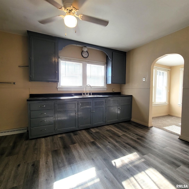 kitchen featuring dark hardwood / wood-style flooring, gray cabinetry, sink, and a healthy amount of sunlight