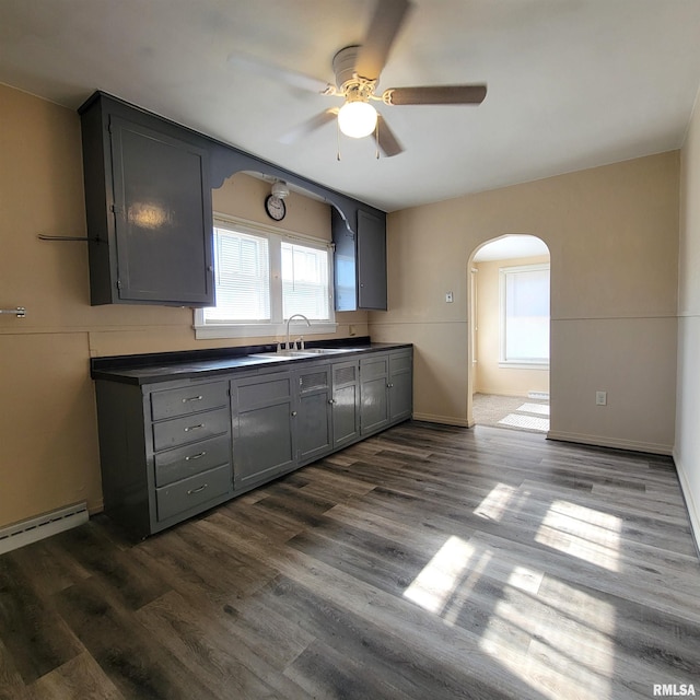 kitchen with gray cabinets, ceiling fan, sink, and dark hardwood / wood-style flooring