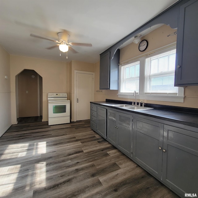 kitchen with sink, gray cabinets, dark hardwood / wood-style floors, ceiling fan, and white electric range