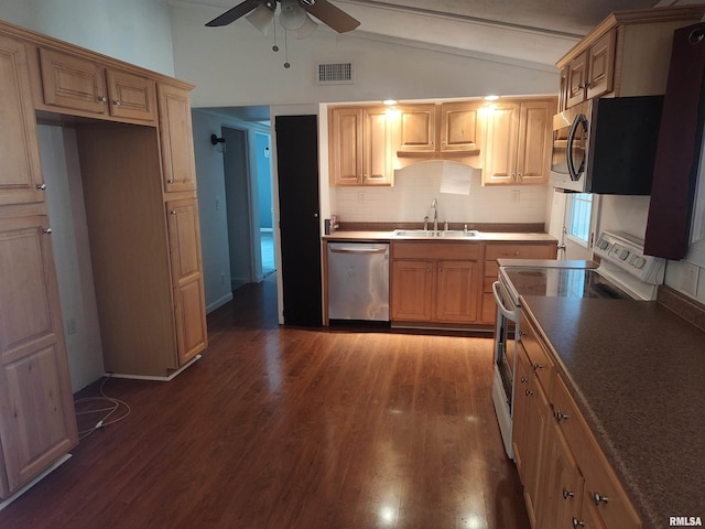 kitchen featuring appliances with stainless steel finishes, sink, vaulted ceiling, dark wood-type flooring, and ceiling fan