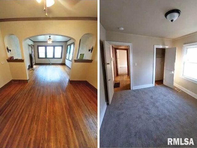 interior space with dark hardwood / wood-style floors and crown molding