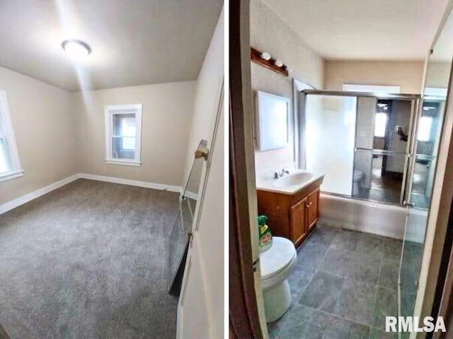 full bathroom with shower / bath combination with glass door, a healthy amount of sunlight, toilet, and vanity