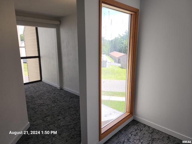 doorway to outside with dark colored carpet