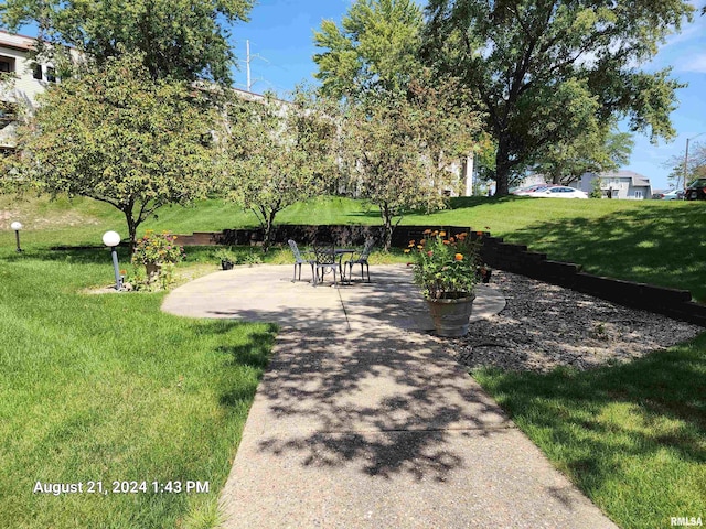 view of home's community with a patio and a lawn