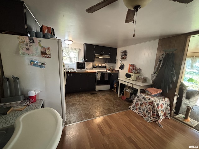 300 W Bobbi Ln, Vermont, IL 61484 - kitchen featuring electric range oven, dark cabinets, freestanding refrigerator, and under cabinet range hood