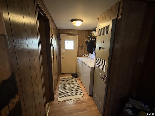 300 W Bobbi Ln, Vermont, IL 61484 - clothes washing area with washing machine and clothes dryer, light wood-style floors, and wood walls