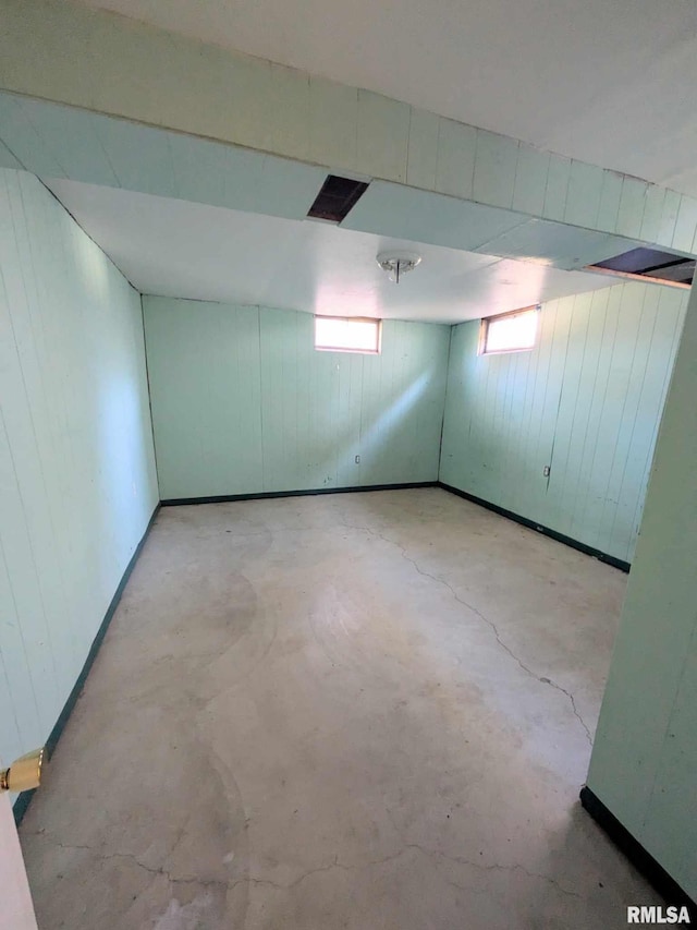 basement with plenty of natural light and wooden walls