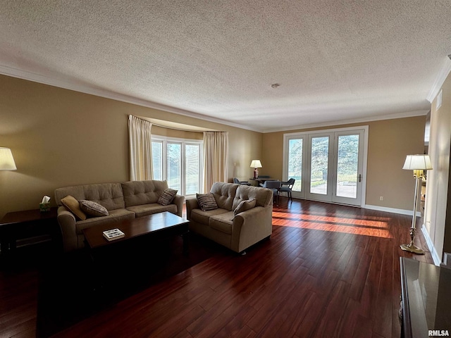 living room with a textured ceiling, dark hardwood / wood-style floors, and crown molding