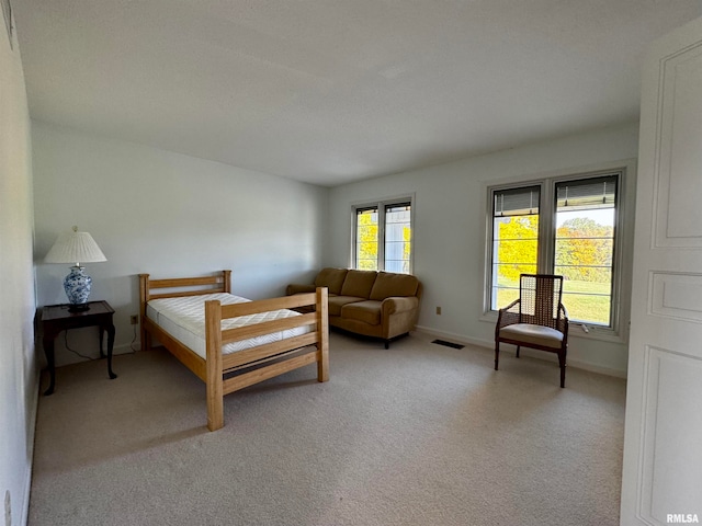 bedroom with light carpet