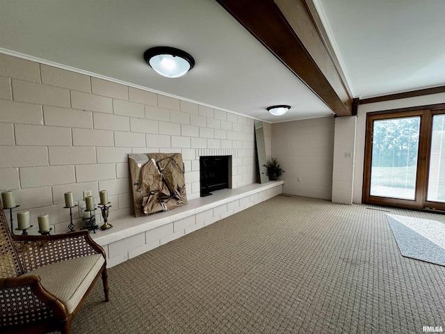 2001 Wigwam Hollow Rd, Macomb, IL 61455 - unfurnished living room with ornamental molding, carpet flooring, and a fireplace