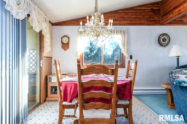 dining area featuring baseboard heating, a chandelier, and lofted ceiling