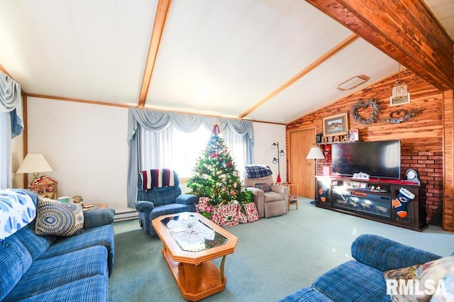 living room featuring carpet, lofted ceiling with beams, wood walls, and a baseboard heating unit