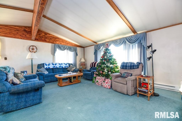 living room featuring carpet flooring, vaulted ceiling with beams, and a baseboard radiator