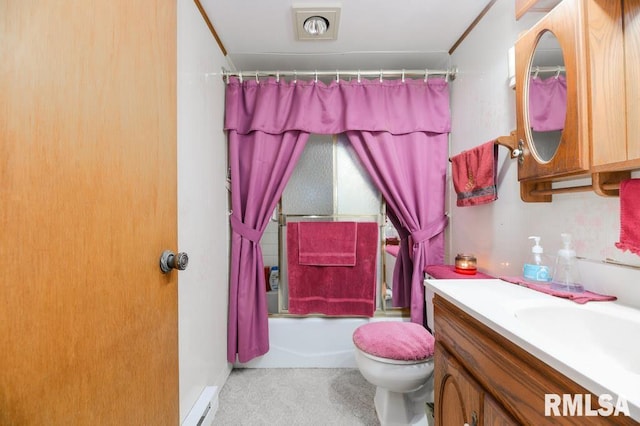 full bathroom with vanity, toilet, baseboard heating, and shower / bath combo with shower curtain