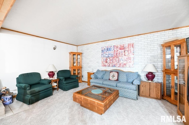 living room with light colored carpet, crown molding, and brick wall