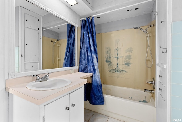 bathroom with vanity, shower / bath combination with curtain, and tile patterned floors