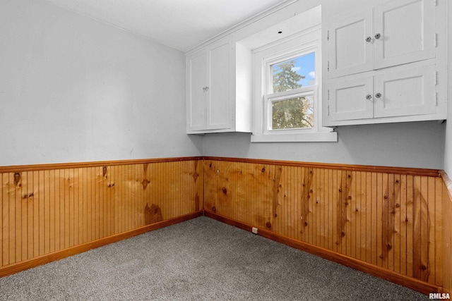 spare room featuring light carpet and wooden walls