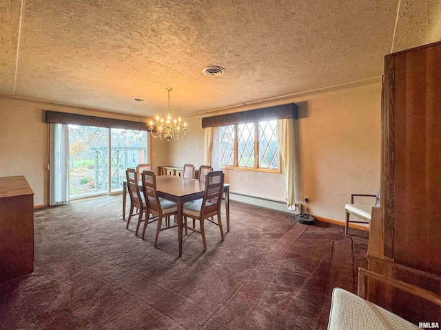 dining space featuring dark colored carpet, a textured ceiling, and baseboard heating