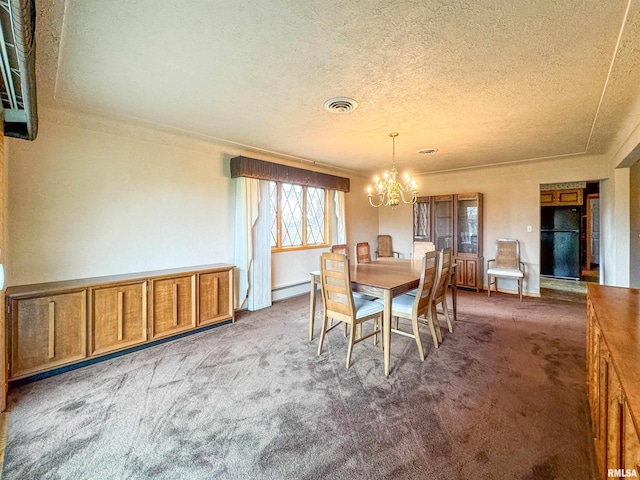 carpeted dining space featuring an inviting chandelier, a textured ceiling, and a baseboard radiator