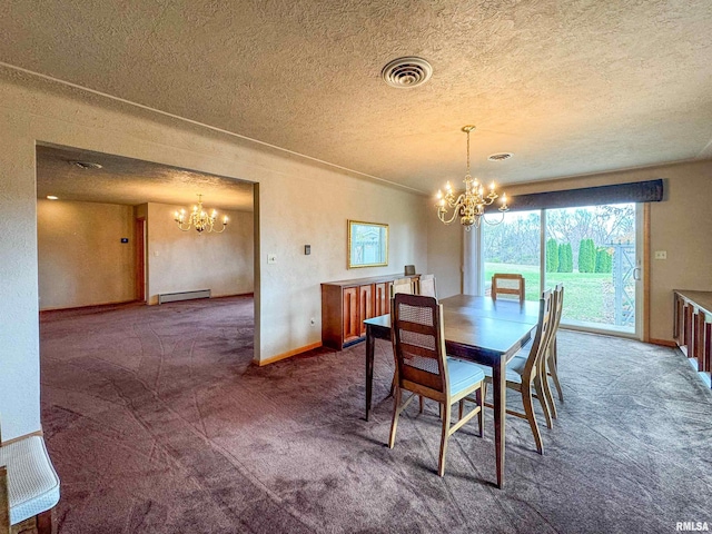 carpeted dining space featuring a textured ceiling, an inviting chandelier, and a baseboard radiator