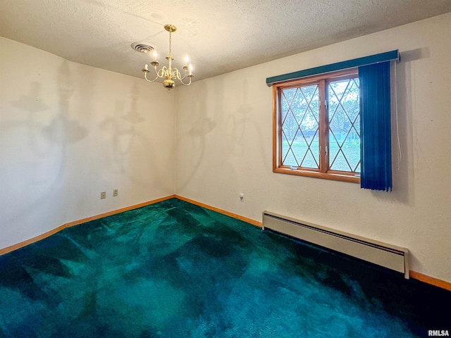 unfurnished room with a chandelier, a textured ceiling, carpet flooring, and a baseboard radiator