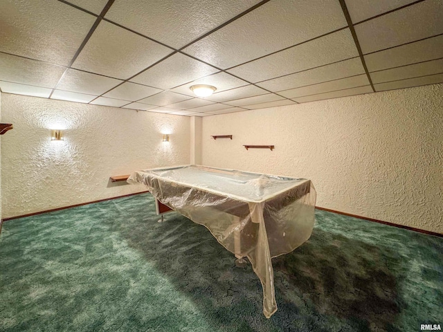 rec room with a drop ceiling, pool table, and carpet floors