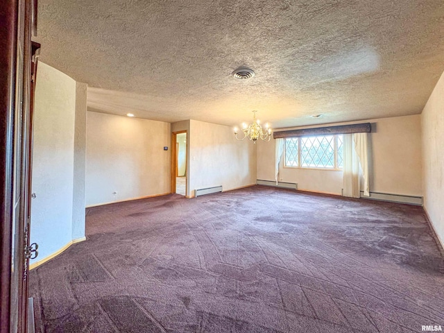 carpeted empty room with a textured ceiling, an inviting chandelier, and a baseboard heating unit