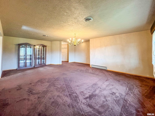 unfurnished room with a chandelier, a textured ceiling, a baseboard heating unit, and carpet