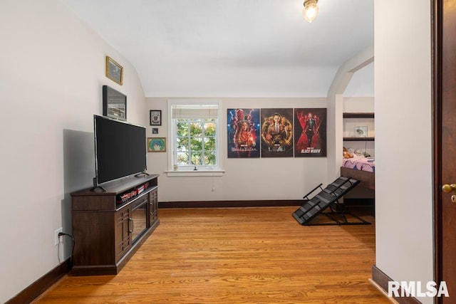 interior space with vaulted ceiling and light hardwood / wood-style floors