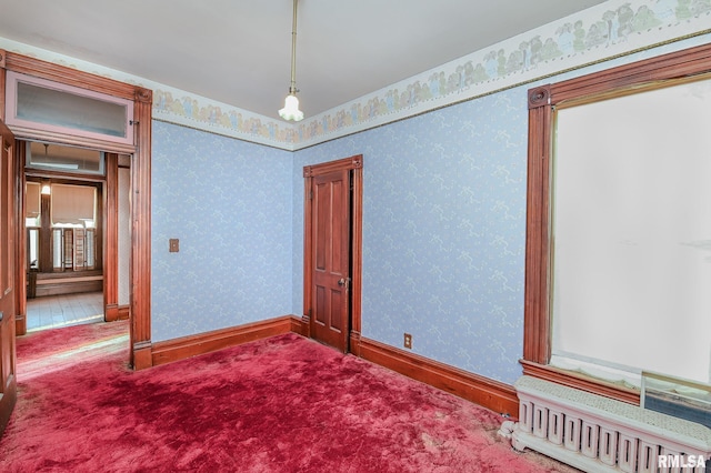 empty room featuring radiator and carpet floors